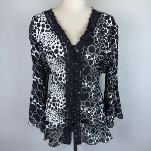 Vintage Piano Black White Sheer Polka Dot Blouse Bell Sleeve Lace Trim V Neck 1X